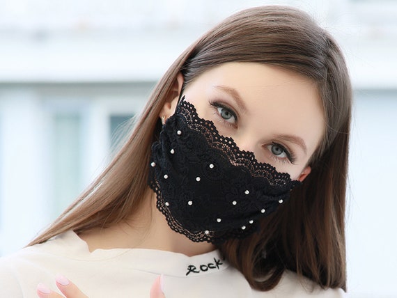 Women 3D Lace Face Mask Reusable Washable Cover Black White Masks