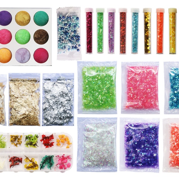 Resin Jewelry Making Supplies Kit for Resin , Nail Art, DIY Craft, Glitter, Powder, Mylar Flakes, Dry Flowers