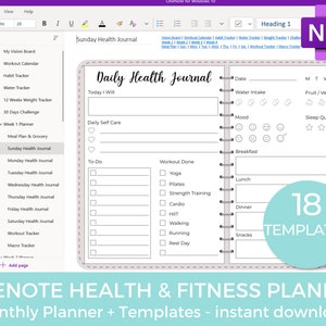 OneNote Fitness Planner, Weight Loss Journal, One Note, Exercise Journal, Fitness Journal, Food Journal, Health Planner, Workout Log,