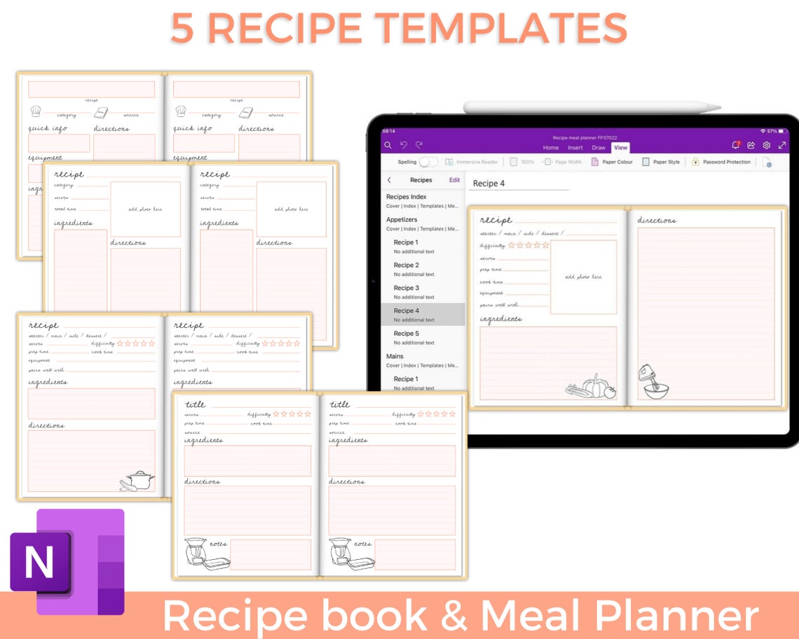 Onenote Meal Planner Digital Recipe Book Templates Cookbook Etsy UK