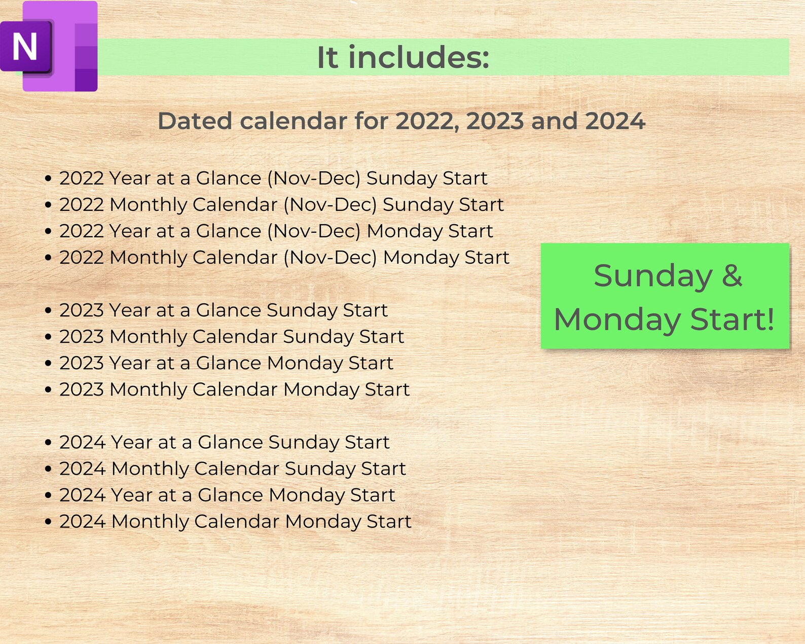 2023 / 2024 Onenote Calendar Monday Start Sunday Start Ipad Etsy UK
