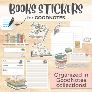 Puede incluir: Un conjunto de pegatinas digitales para la aplicación GoodNotes con ilustraciones de libros, una cita sobre libros y una lista de tareas para hacer un seguimiento de los libros que se van a leer. Las pegatinas están diseñadas en un estilo ligero y caprichoso con una combinación de colores rosa, verde y azul.