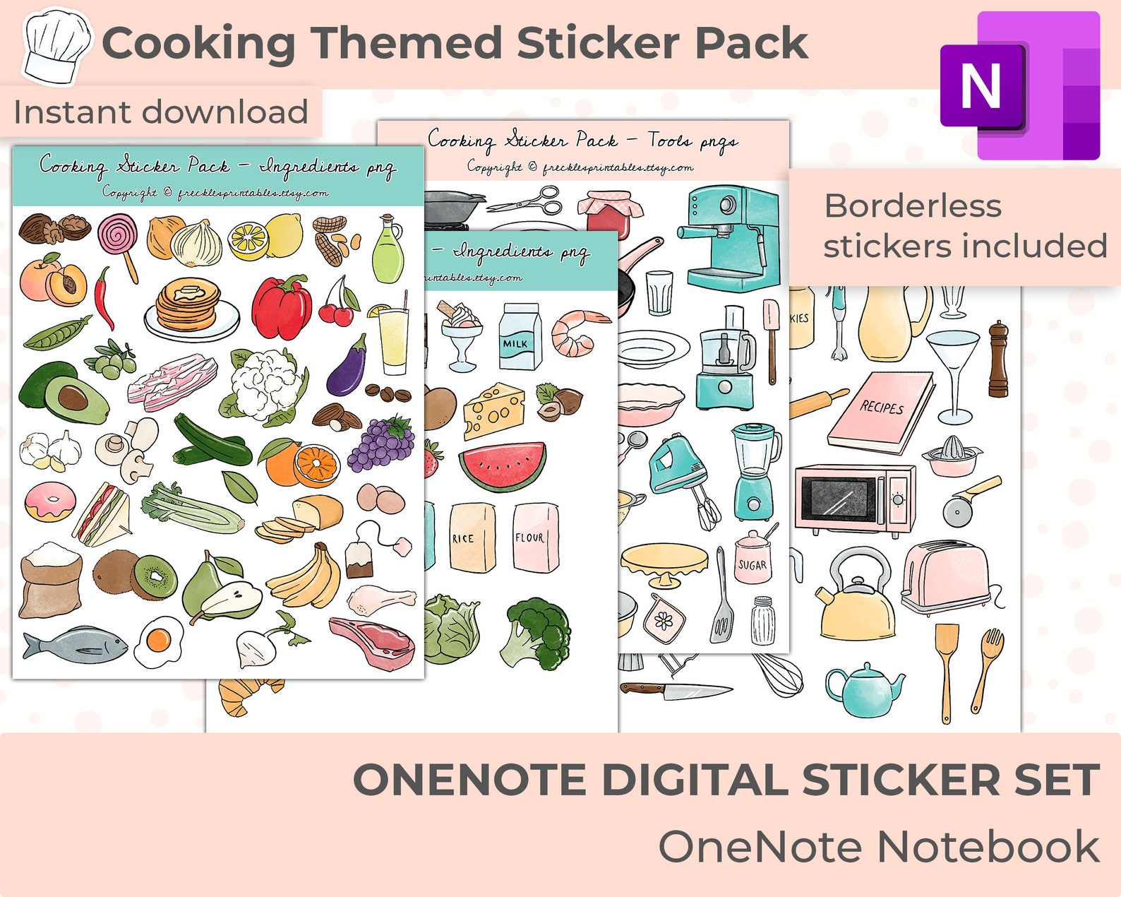 Recipe Planner Digital Stickers, One Note Planner Stickers, Digital ...