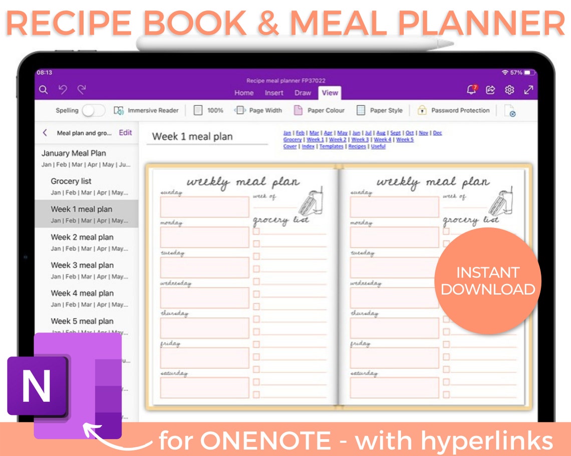 Onenote Meal Planner Digital Recipe Book Templates Cookbook Etsy UK