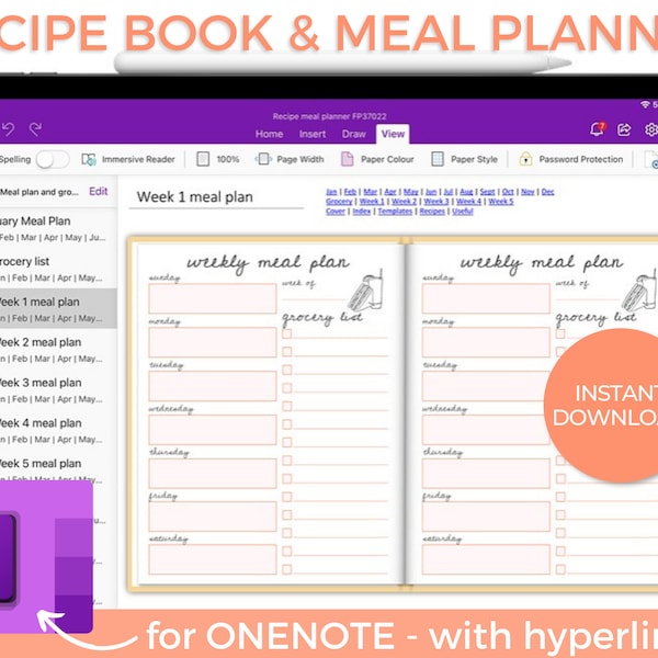 OneNote Meal Planner, Digital Recipe Book Templates, Cookbook templates, Blank recipe book, Recipe binder, Digital Meal Planner, One note
