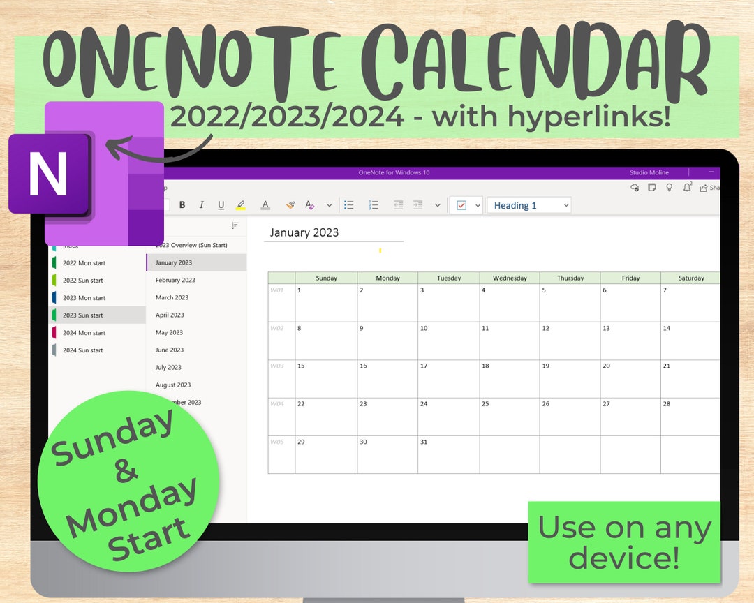 2023 / 2024 Onenote Calendar, Monday Start, Sunday Start, iPad Calendar