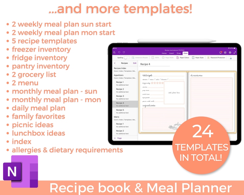 Onenote Meal Planner, Digital Recipe Book Templates, Cookbook Templates ...