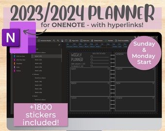 2023/2024 OneNote Planner DARK MODE with 1800 Onenote Stickers, Digital Planner, One Note Planner, iPad planner, Minimalist Monthly Planner