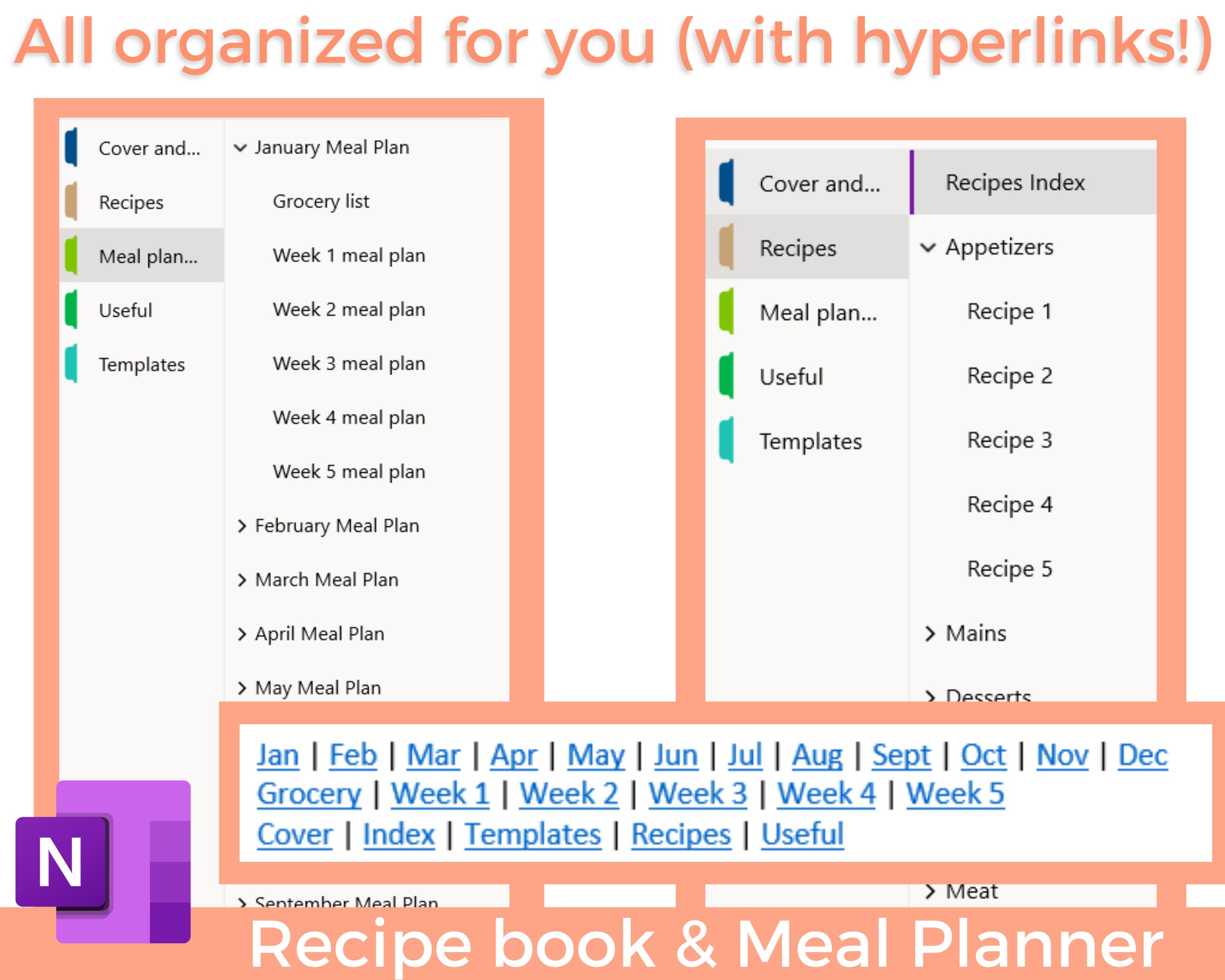 Onenote Meal Planner Digital Recipe Book Templates Cookbook Etsy UK