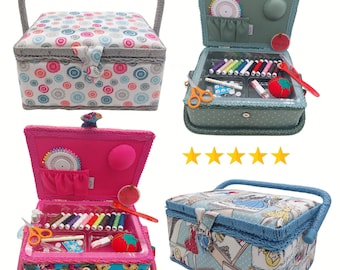 Sewing Box, Cotton Blend, Grey Spot, 18.5x26x15 cm Sewing kits Ltd over 30 pcs