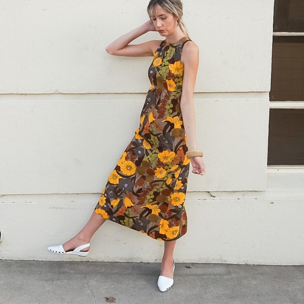 1960's Autumn Floral Empire Waist Maxi Dress | Fall Leaves Mustard Yellow Retro Mod Sheath | Handmade Vintage Flower Power Hippie Dress