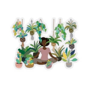 Black Woman with Plants Kiss-Cut Sticker, African American Woman Plant Sticker, Plant Lady Sticker, Plant Momma, Tropical Plants Sticker