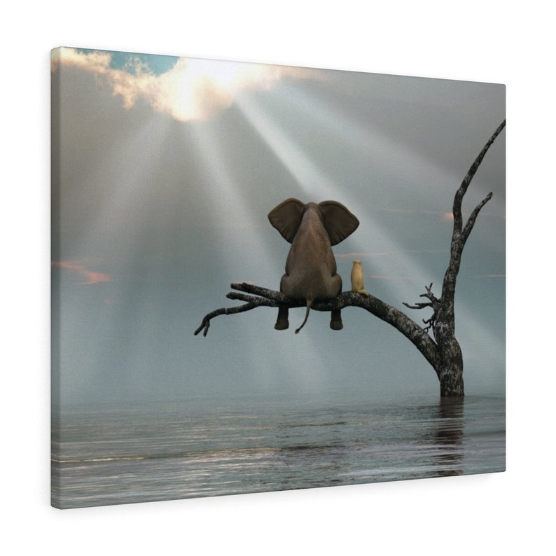 Elephant and Dog Sitting on Tree Branch Canvas Gallery