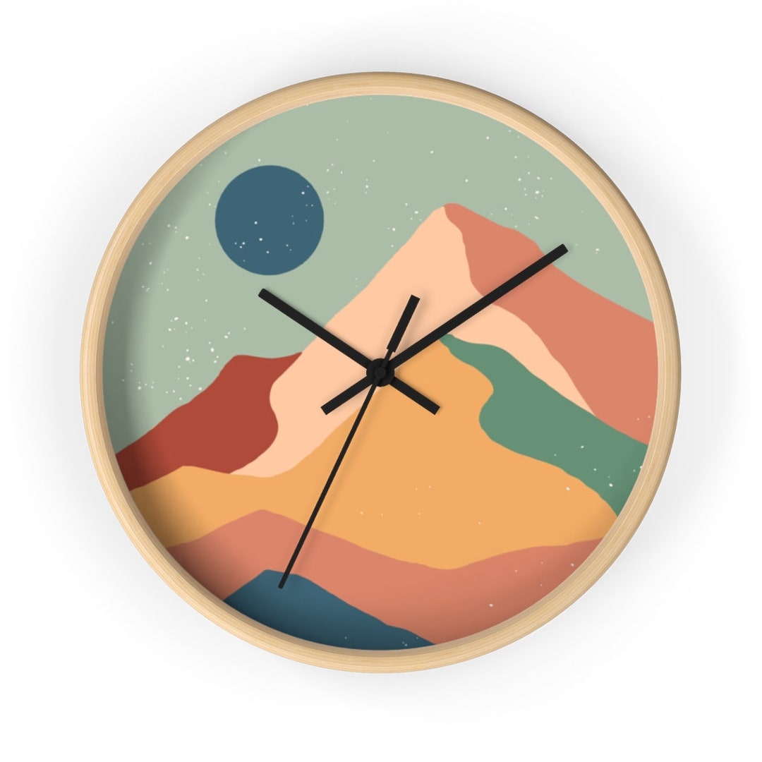Mid Century Modern Wall Clock Abstract Mountain Landscape Etsy
