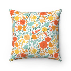 Floral Spun Polyester Square Pillow Case, Yellow, Orange Throw Pillow Cover, Flower Cushion Cover