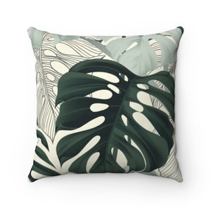Botanical Spun Polyester Square Pillow Case, Split-Leaf Philodendron Plant Pillow Cover, Vintage Theme Pillow Case, Monstera Leaf Decor