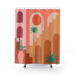 Mid Century Modern Abstract Shower Curtain, Contemporary Aesthetic Background, Geometric Architecture, Bathroom Decor, Boho, Best sellers