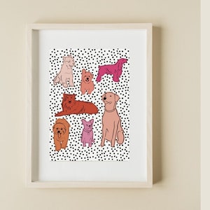 May include: A framed print with a white background and black polka dots. The print features a collection of colorful line drawings of dogs in various poses.