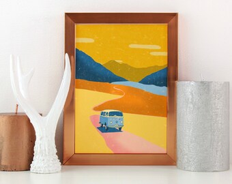 Retro Art Print, 70s Art Print, Art print boho, modern art prints, retro van art print, van life, mountain art print