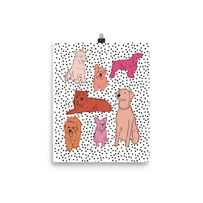 May include: A white background with black polka dots and a variety of colorful dogs in different poses. The dogs are all outlined in black and filled with different shades of pink, red, and orange.