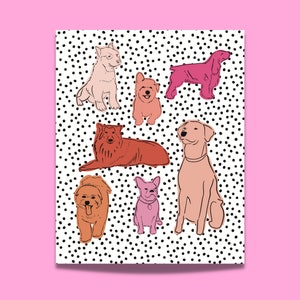 May include: A white background with black polka dots features seven different dog breeds in various poses. The dogs are drawn in a simple, line art style and are colored in shades of pink, orange, and red.