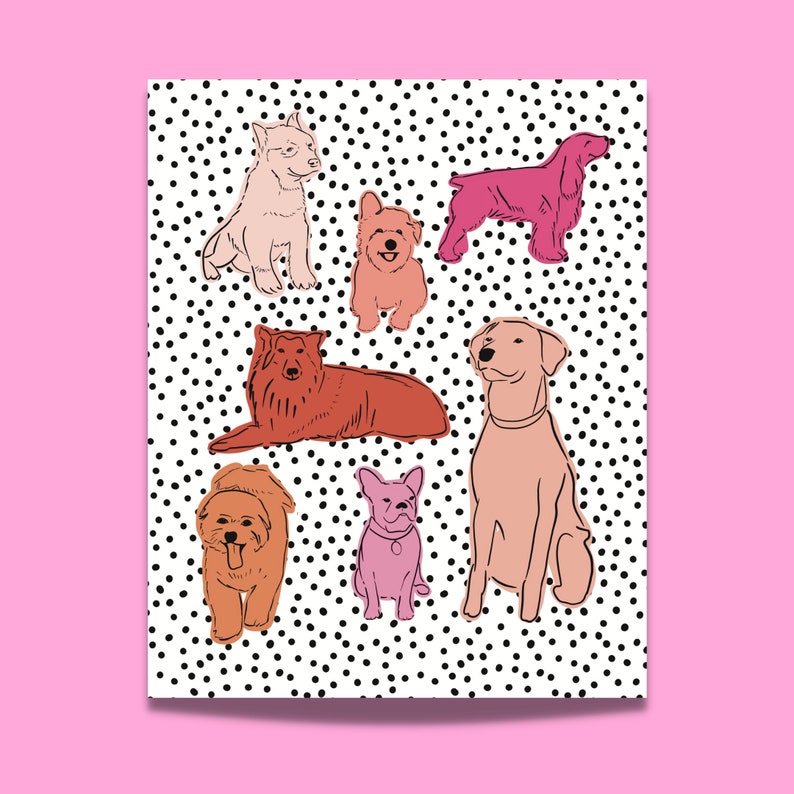 May include: A white background with black polka dots features seven different dog breeds in various poses. The dogs are drawn in a simple, line art style and are colored in shades of pink, orange, and red.