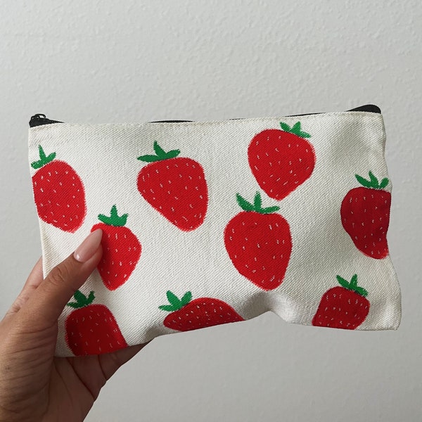 Strawberry Pencil Pouch, Strawberry Makeup Bag, handpainted bag, travel bag, travel pouch, hand bags, painted bags, pouch hand painted