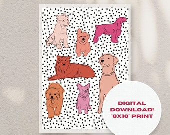Puede incluir: Descarga digital imprimible de una impresión de 8x10 pulgadas con un fondo blanco con lunares negros y una variedad de perros coloridos en diferentes poses.