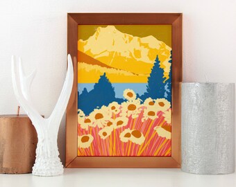 Retro art, flower art print, 70s art print, mountain art print, modern art print, colorful art print, vintage art print