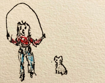 Girl Jumping Rope with Kitty Mixed Media Glittery Drawing