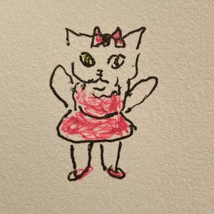 Cute Kitty Cat Kitten Drawing in Pink Sparkly Dress with Sparkly Bow