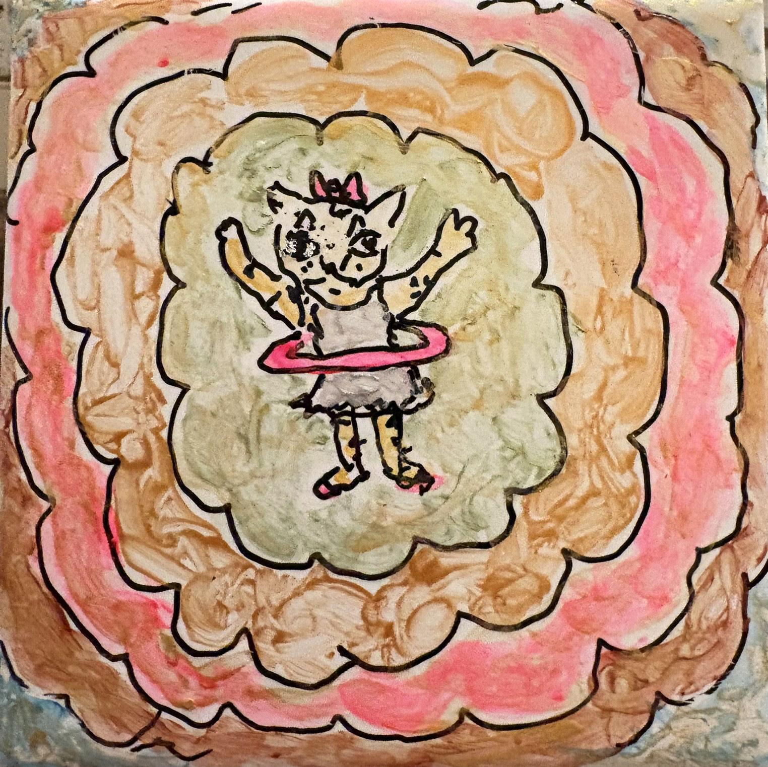 Lulu the Kitty Cat with Her Hula Hoop - Hand-Painted Tile