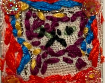 Purple Tuxedo Kitty Cat With Sparkly Thread Hand Embroidered  Pendant - One-of-a-Kind!