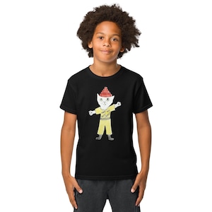 May include: Black t-shirt featuring a cartoon cat character wearing a yellow outfit and a red hat. The cat has its arms outstretched and the text "ARE WE NOT CATS?" is printed on the shirt. The design is whimsical and playful.