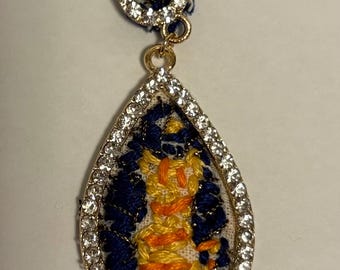 Yellow and Orange Sparkly Kitty Cat  Hand Embroidered  Pendant - One-of-a-Kind!