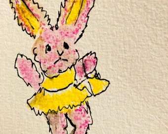 Ballerina coniglietta danzante in tutù giallo con borsetta (disegno della serie Toying with the Future)