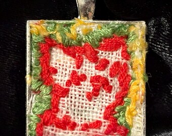 Red and White Kitty Cat Hand Embroidered  Pendant - One-of-a-Kind!