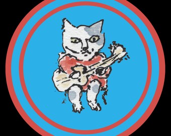 Cat Playing Guitar Unisex Tee (Blue/Red Target Design) - Campfire Cats Summer Cats