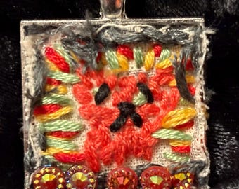 Pink Hand Embroidered Kitty Pendant - One-of-a-Kind!