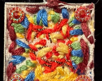 Yellow Kitty Cat With Sparkly Thread- Hand Embroidered  Pendant - One-of-a-Kind!