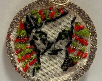 Black and White Kitty Psychedelic Cat Pendant With Sparkly Frame and Glittery Thread - Hand Embroidered  Pendant - One-of-a-Kind!