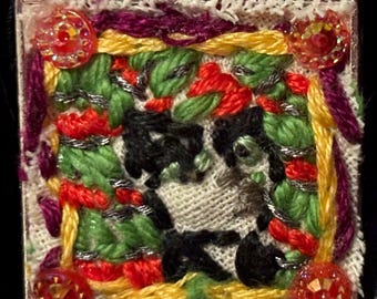Wild Eyed Tuxedo Kitty Cat With Sparkly Thread- Hand Embroidered  Pendant - One-of-a-Kind!