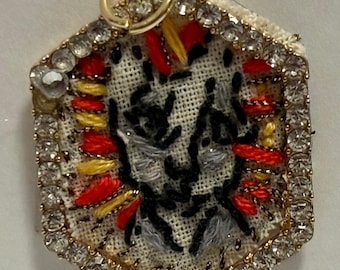 Gray and White Kitty Psychedelic Cat Pendant With Sparkly Frame and Glittery Thread - Hand Embroidered  Pendant - One-of-a-Kind!
