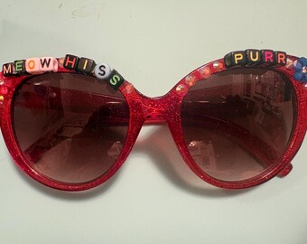 MEOW HISS PURR Red Sparkly Shades Cat Lady Cat Daddy Sunglasses
