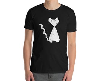Camiseta unisex de manga corta con silueta de gatito geométrico blanco