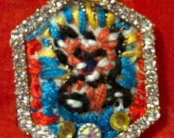 Pink and White Kitty Cat Pendant With Sparkly Frame and Glittery Thread - Hand Embroidered  Pendant - One-of-a-Kind!