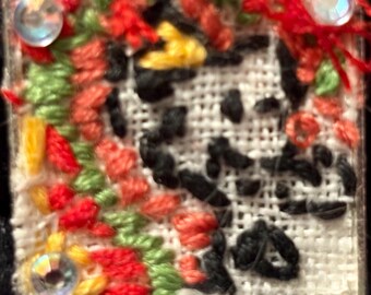 White Kitty Cat With Yellow Party Hat- Hand Embroidered  Pendant - One-of-a-Kind!