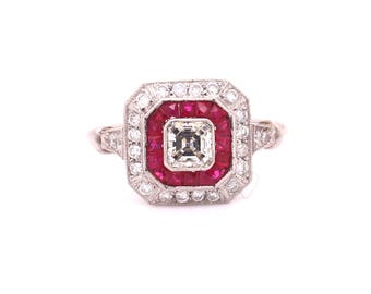 Art Deco Style Ascher Cut Diamond & Ruby Target Cluster Ring