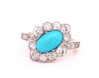 Victorian Cabochon Turquoise & Diamond Cluster Ring