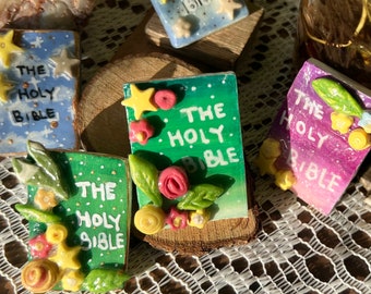 Glossy Handmade Clay or Wood Bible Pins| Christian Pins + Brooches | Mini Bible | Collectable Assorted Cute lush plant pins